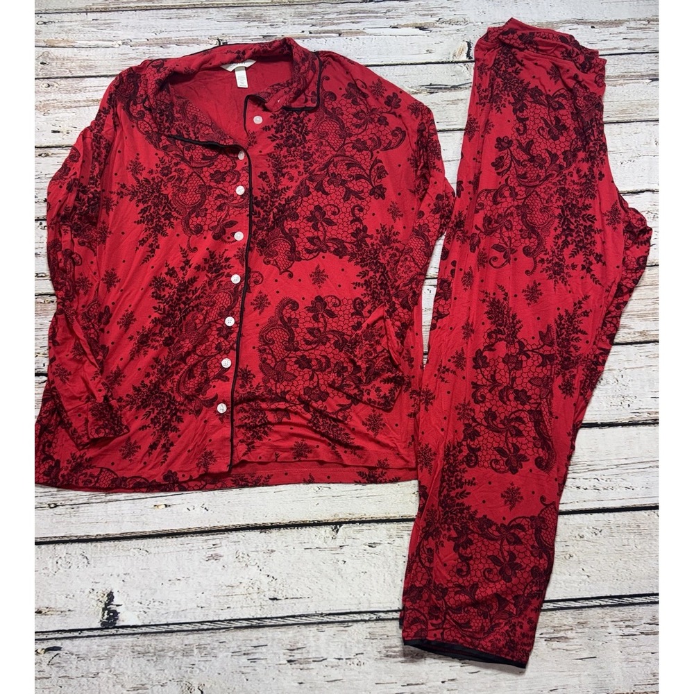 SOMA Cool Nights M Red Black Floral Pajama Set Long Sleeve Button Shirt Pants